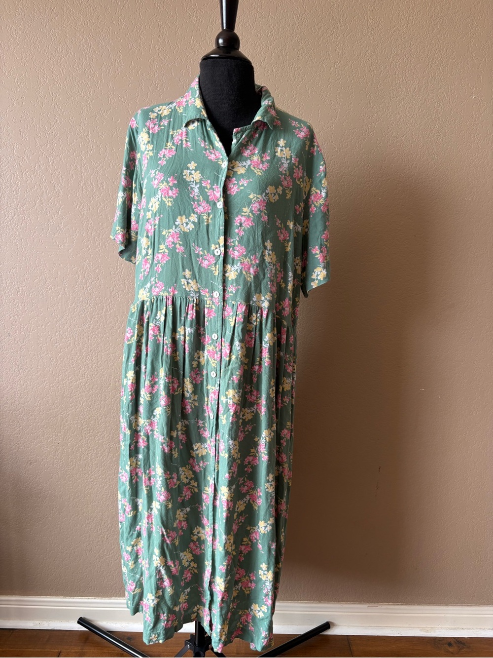 National Large Prairie Dress Green Floral Short Sleeves Butto Pocket Cottagecore